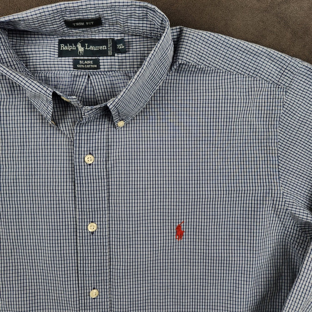 Ralph Lauren Blaire Shirt‎ Mens XXL Trim Fit Blue Gingham Check Cotton Button Up